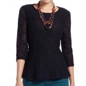 Anthropologie Moulinette Soeurs Black Lace 3/4 Sleeve Peplum Top